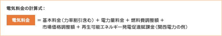 電気料金の計算式：電気料金 ＝ 基本料金 ＋ 電力量料金 + 再生可能エネルギー発電促進賦課金 + 燃料調整費 + 消費税
